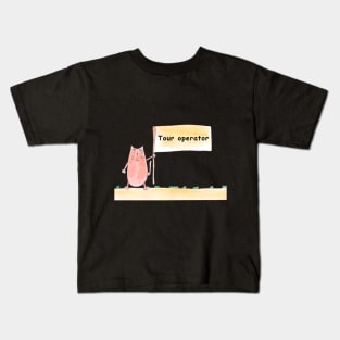 Tour operator. Cat is holding a banner with the inscription. Humor, humorous, joke. Text message. Watercolor, humorous funny design. Kids T-Shirt